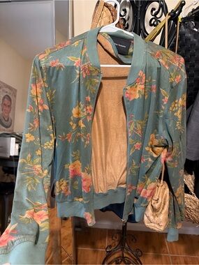 Jealous Tomato Sage Green Floral Bomber Jacket with Pink & Yellow Blossoms